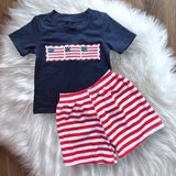 Show your patriotism with this Americana Flag Boys Set! It features a classic flag print with pops of navy, red, and white for a festive display. Whether you’re throwing a 4th of July party or just want to dress your little one, this set is sure to show off your American pride! Yaaasss, USA!