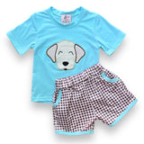 Butter Cheeks Boutique Blue Shirt with Applique Puppy and Pink Shorts Brown Gingham Shorts Background